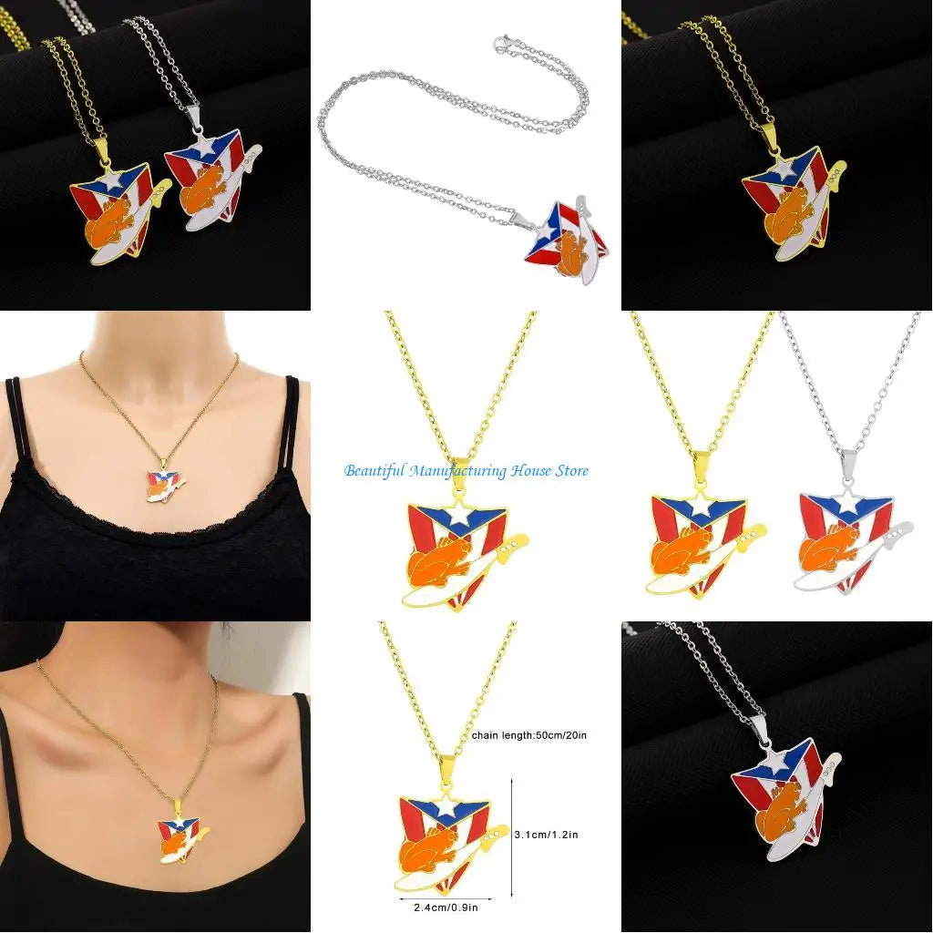 E56A Puerto Rico Flag Pendant Necklace Clavicle Chain Culture Necklace for Daily Wear