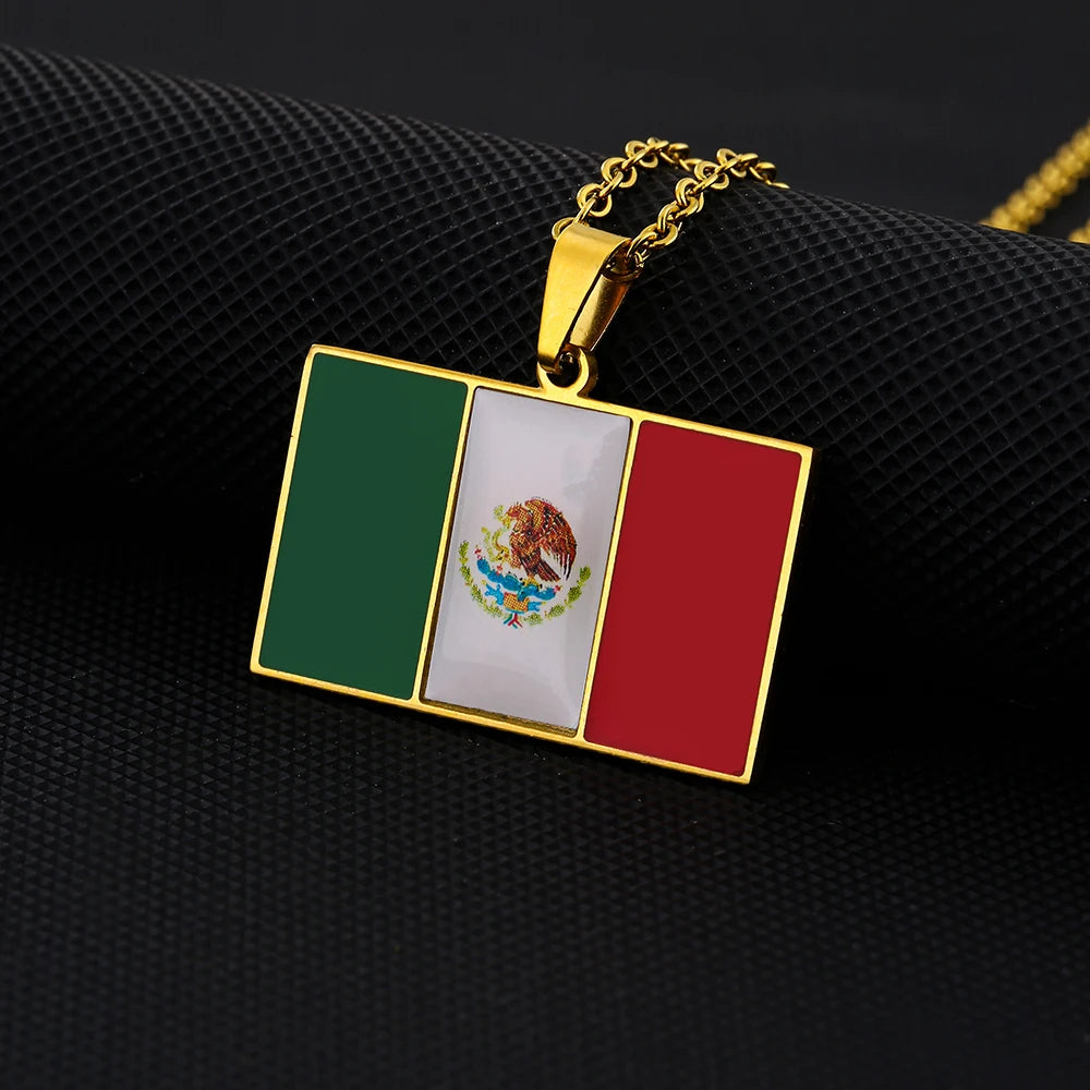 US EU Hot Sale Stainless Steel Enamel Square Mexico Flag Pendant Necklace Unisex Couple Birthday Jewelry Gift Trendy Accessory