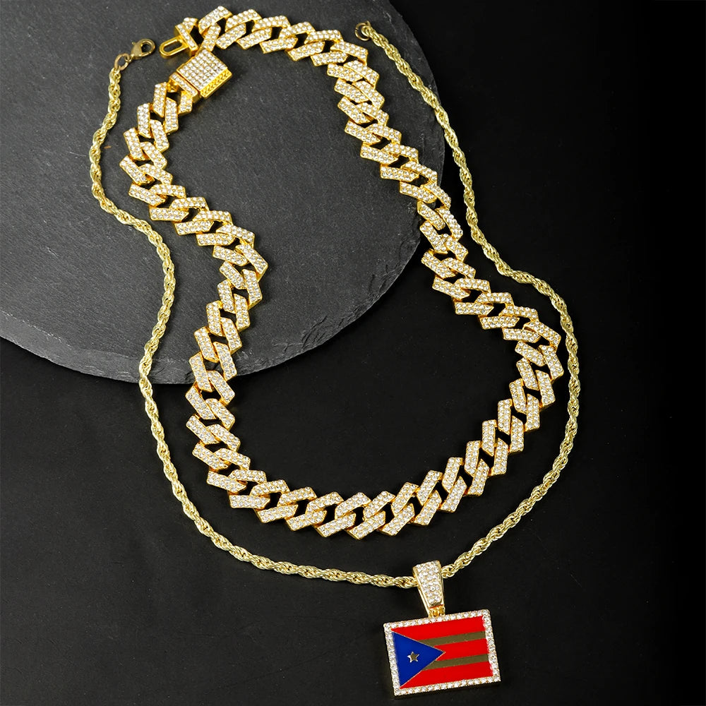 Hip-hop Punk Necklace Set Stylish Puerto Rico Flag Pendant Necklace With Cuban Chain Inlaid Diamonds Men Trend Jewelry Gift Set