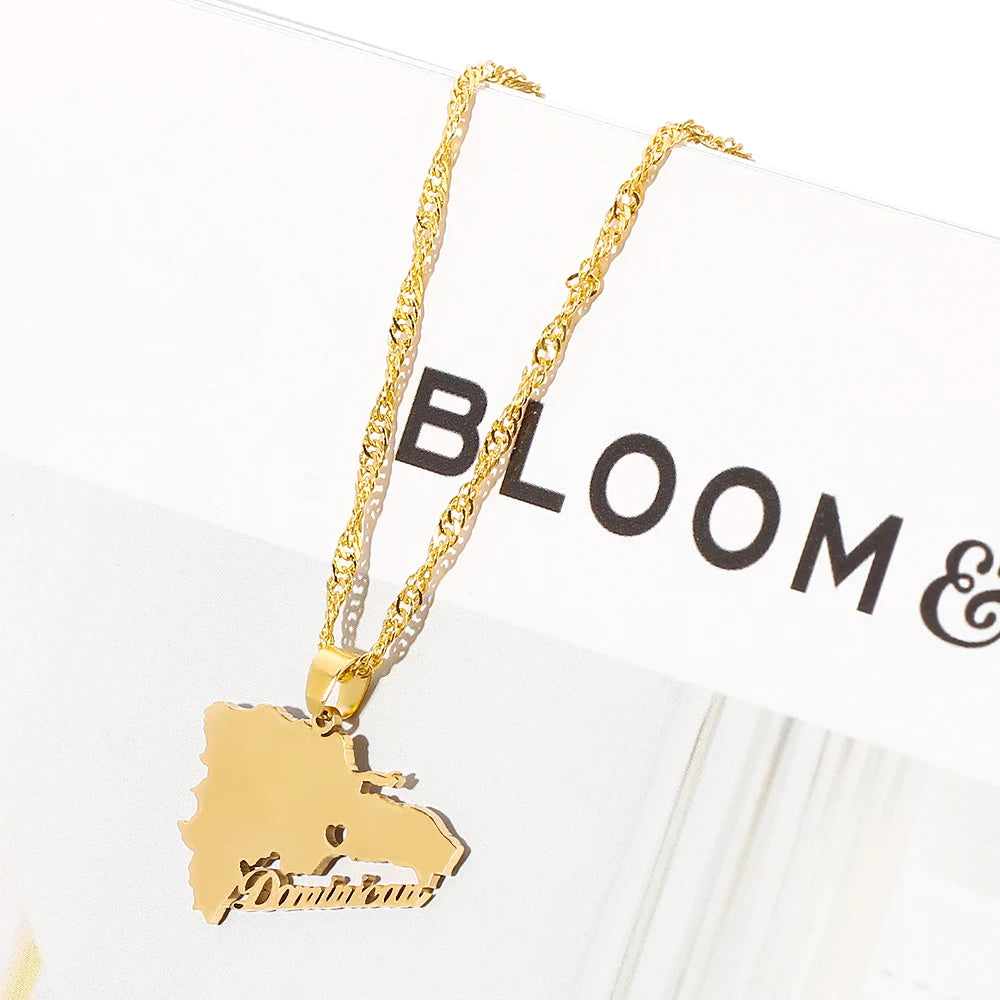 The Dominican Republic Map Pendant Necklace for Women Men Gold Silver Color Stainless Steel Chain Jewelry Map of Dominican